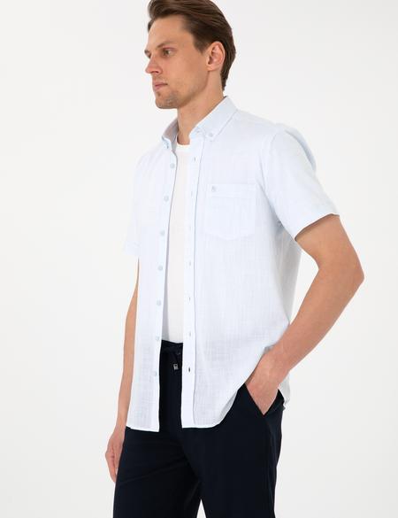 Açık Mavi Keten Görünümlü Regular Fit Kısa Kollu Cepli Gömlek - 50306950050