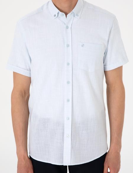 Açık Mavi Keten Görünümlü Regular Fit Kısa Kollu Cepli Gömlek - 50306950050