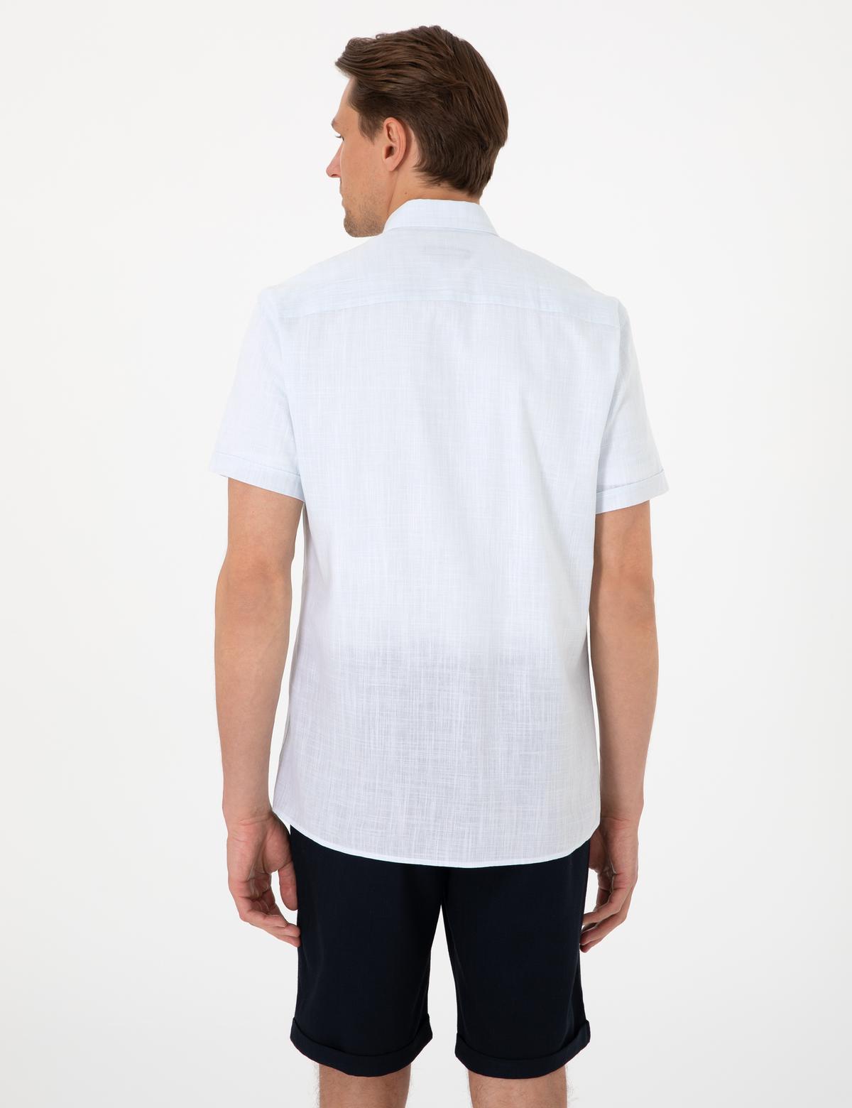 Açık Mavi Keten Görünümlü Regular Fit Kısa Kollu Cepli Gömlek - 50306950050