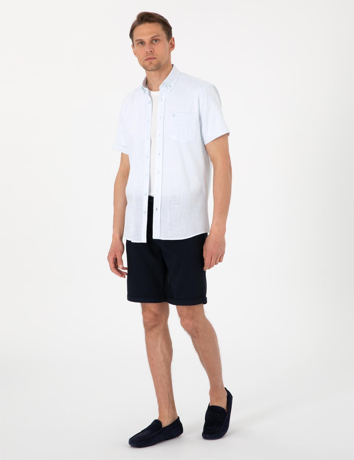 Açık Mavi Keten Görünümlü Regular Fit Kısa Kollu Cepli Gömlek - 50306950050