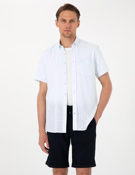 Açık Mavi Keten Görünümlü Regular Fit Kısa Kollu Cepli Gömlek - 50306950050