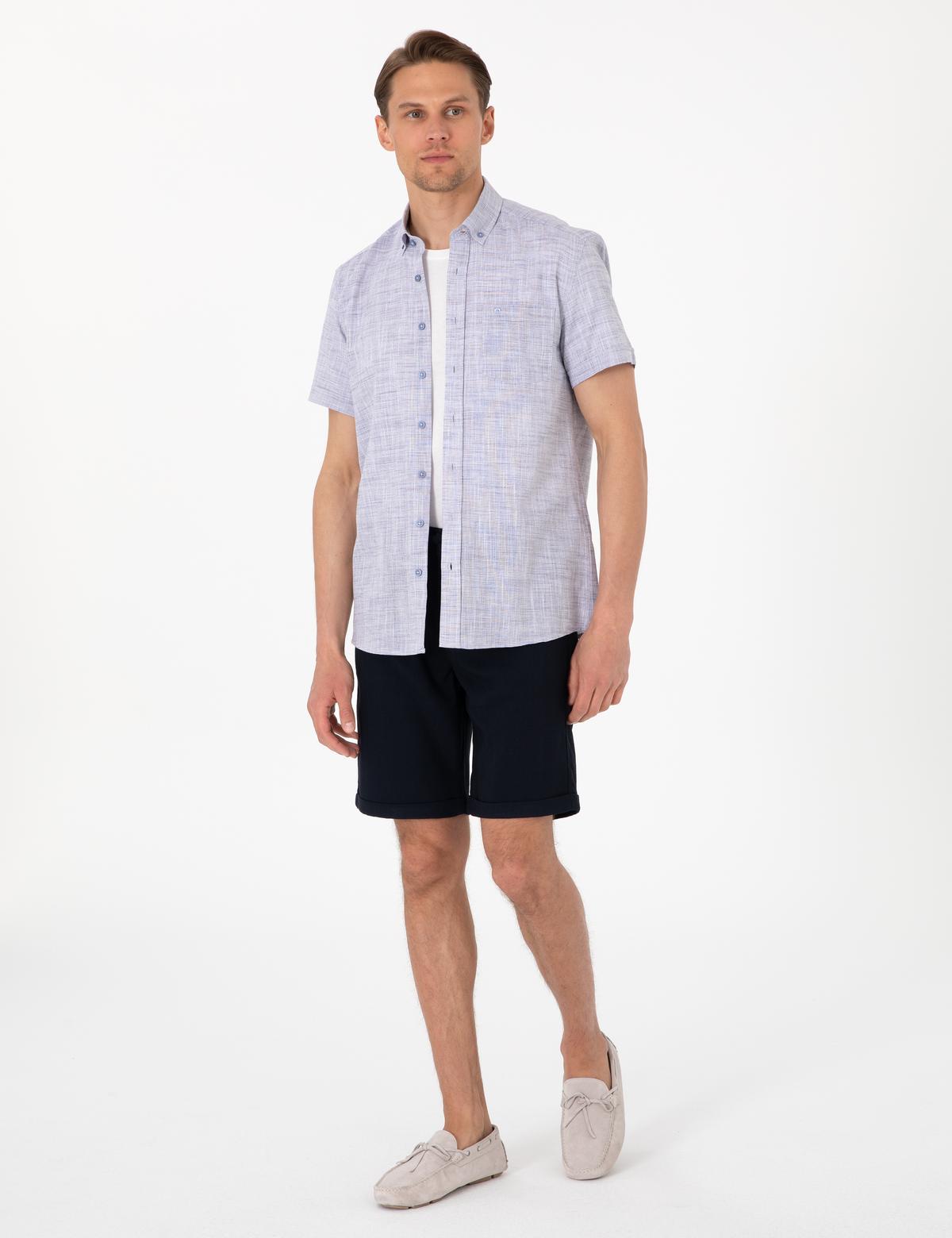 Lacivert Keten Görünümlü Regular Fit Kısa Kollu Cepli Gömlek - 50306950017