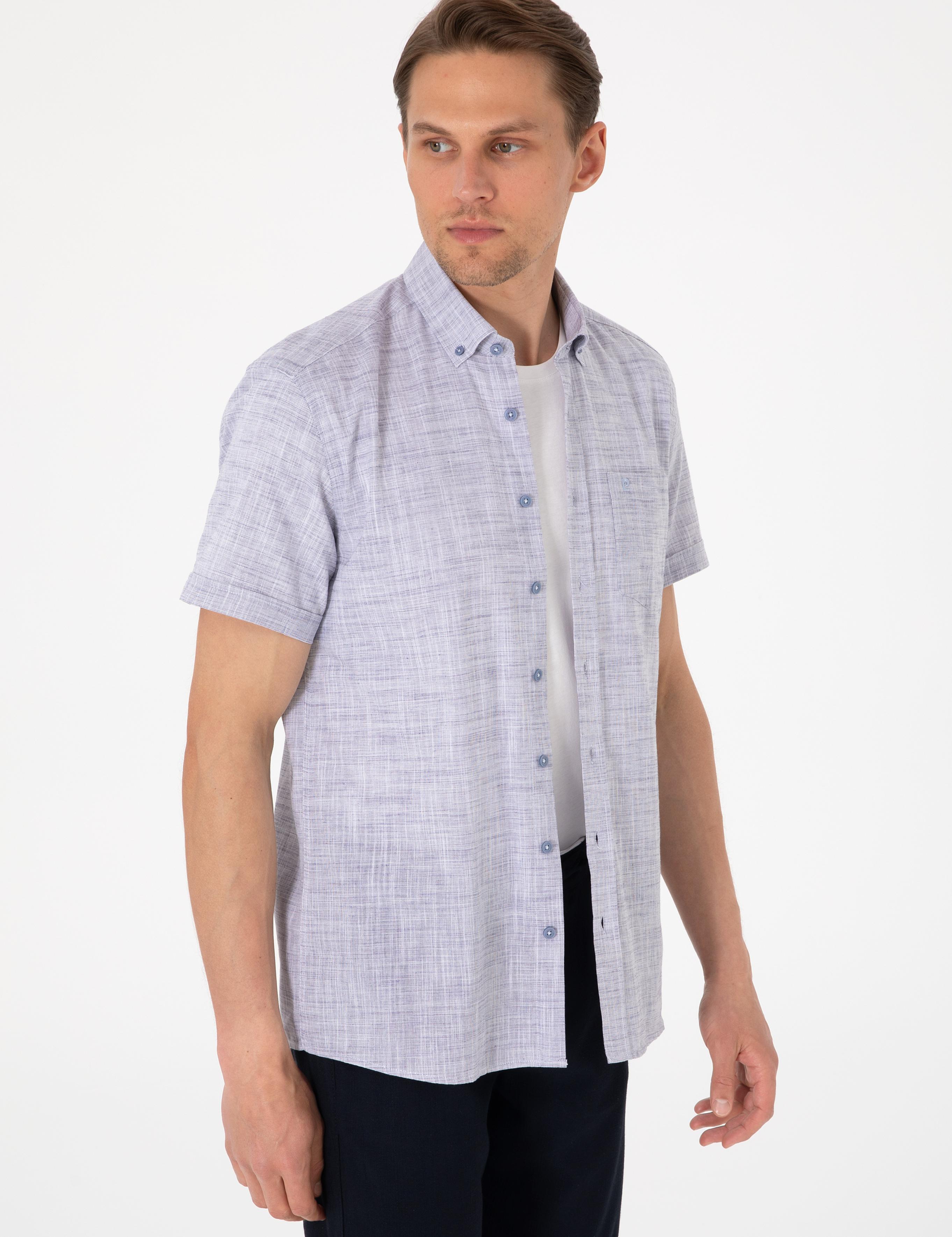 Lacivert Keten Görünümlü Regular Fit Kısa Kollu Cepli Gömlek