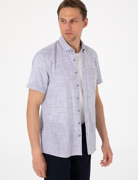Lacivert Keten Görünümlü Regular Fit Kısa Kollu Cepli Gömlek - 50306950017