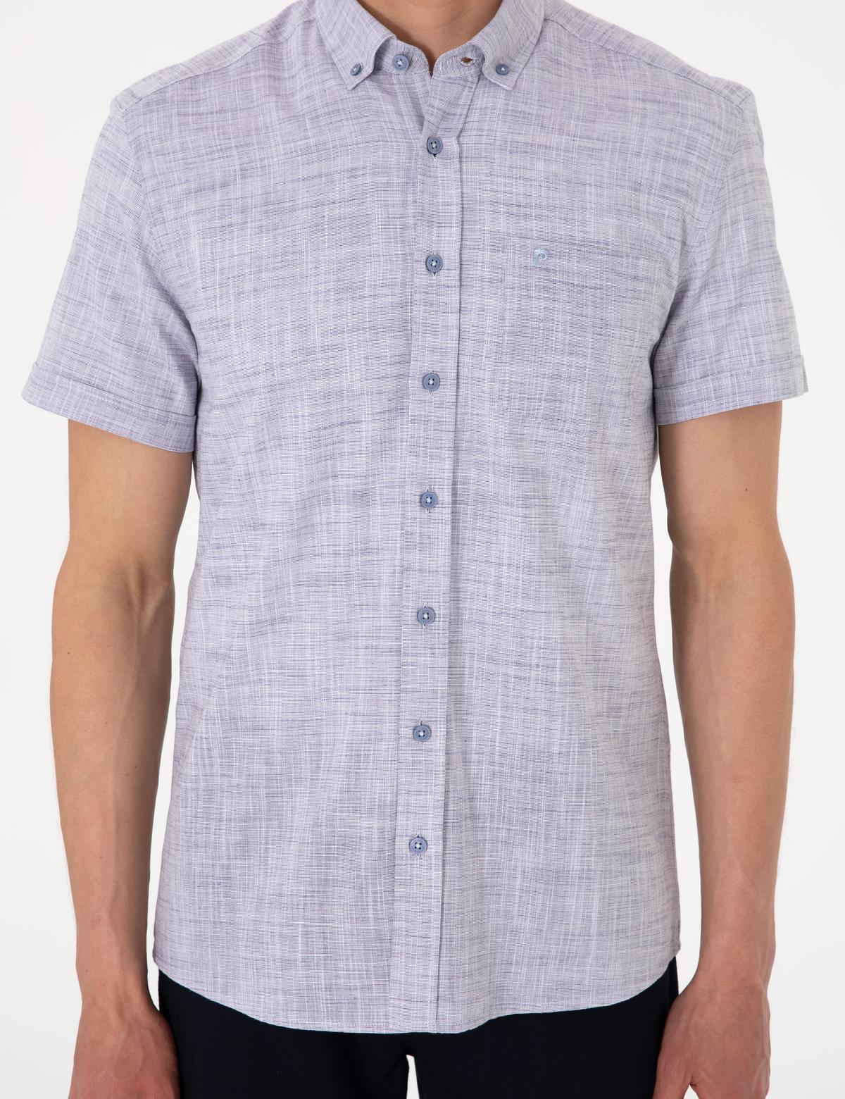 Lacivert Keten Görünümlü Regular Fit Kısa Kollu Cepli Gömlek - 50306950017