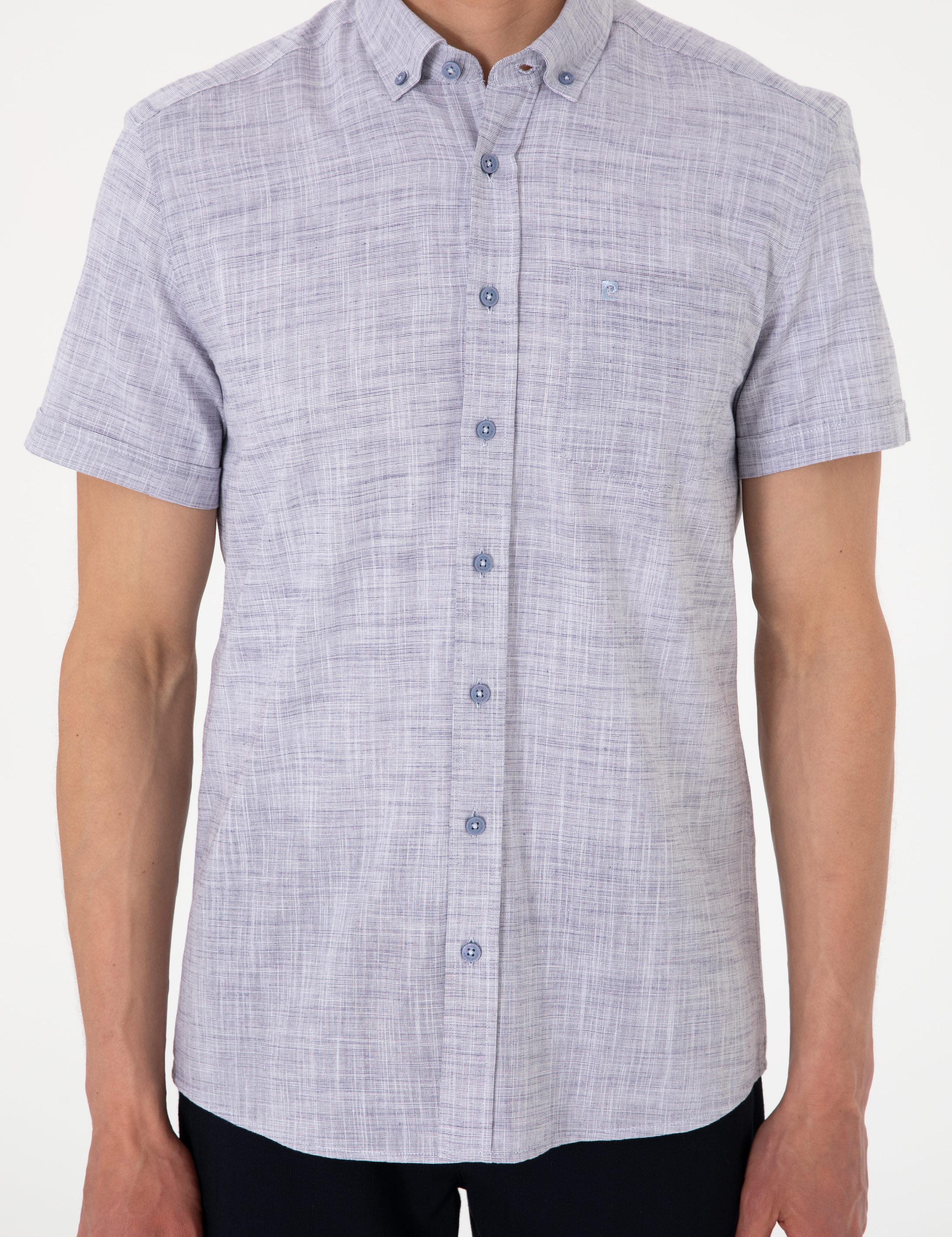 Lacivert Keten Görünümlü Regular Fit Kısa Kollu Cepli Gömlek