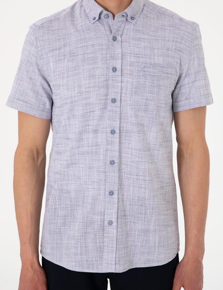 Lacivert Keten Görünümlü Regular Fit Kısa Kollu Cepli Gömlek - 50306950017