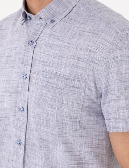 Lacivert Keten Görünümlü Regular Fit Kısa Kollu Cepli Gömlek - 50306950017