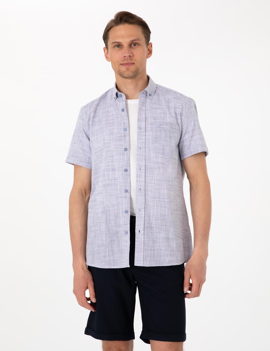 Lacivert Keten Görünümlü Regular Fit Kısa Kollu Cepli Gömlek