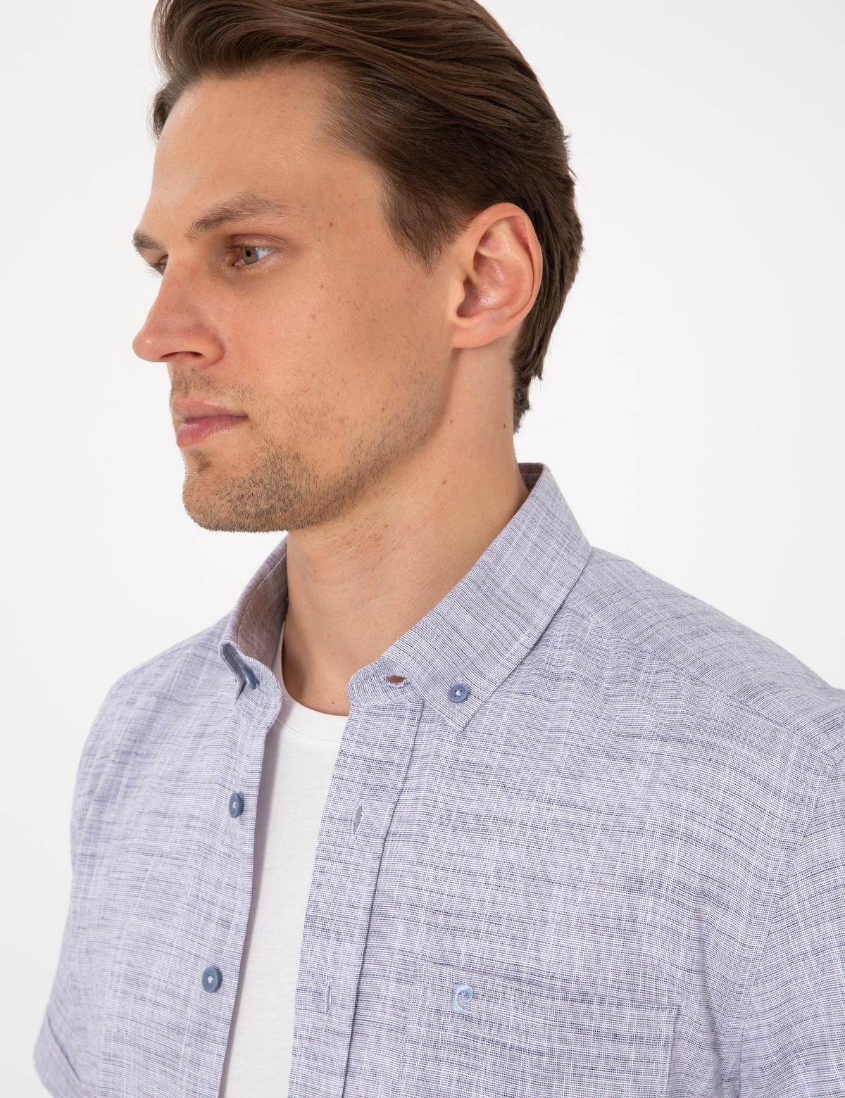 Lacivert Keten Görünümlü Regular Fit Kısa Kollu Cepli Gömlek - 50306950017