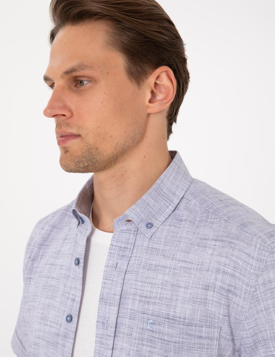 Lacivert Keten Görünümlü Regular Fit Kısa Kollu Cepli Gömlek