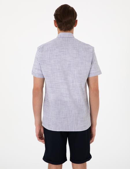 Lacivert Keten Görünümlü Regular Fit Kısa Kollu Cepli Gömlek - 50306950017