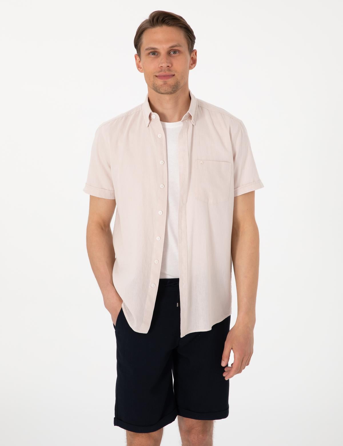Bej Keten Karışımlı Regular Fit Kısa Kollu Gömlek