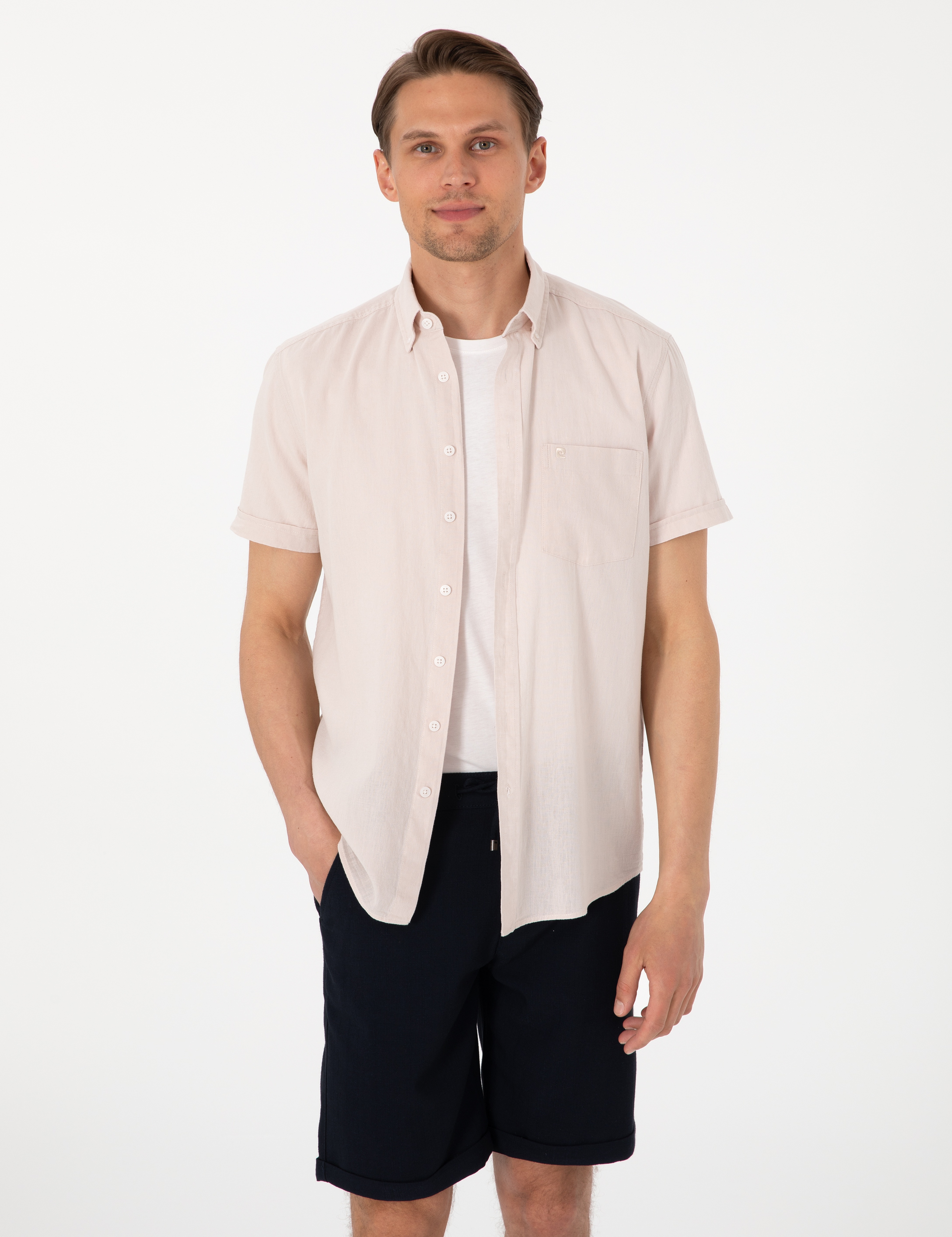 Bej Keten Karışımlı Regular Fit Kısa Kollu Gömlek - Image 1