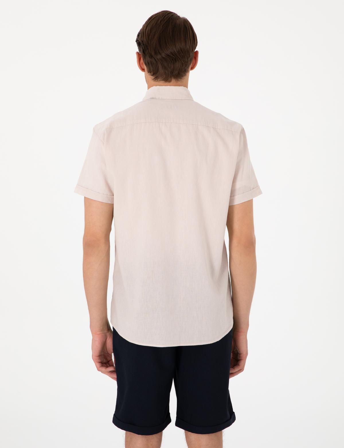 Bej Keten Karışımlı Regular Fit Kısa Kollu Gömlek - 50303418053