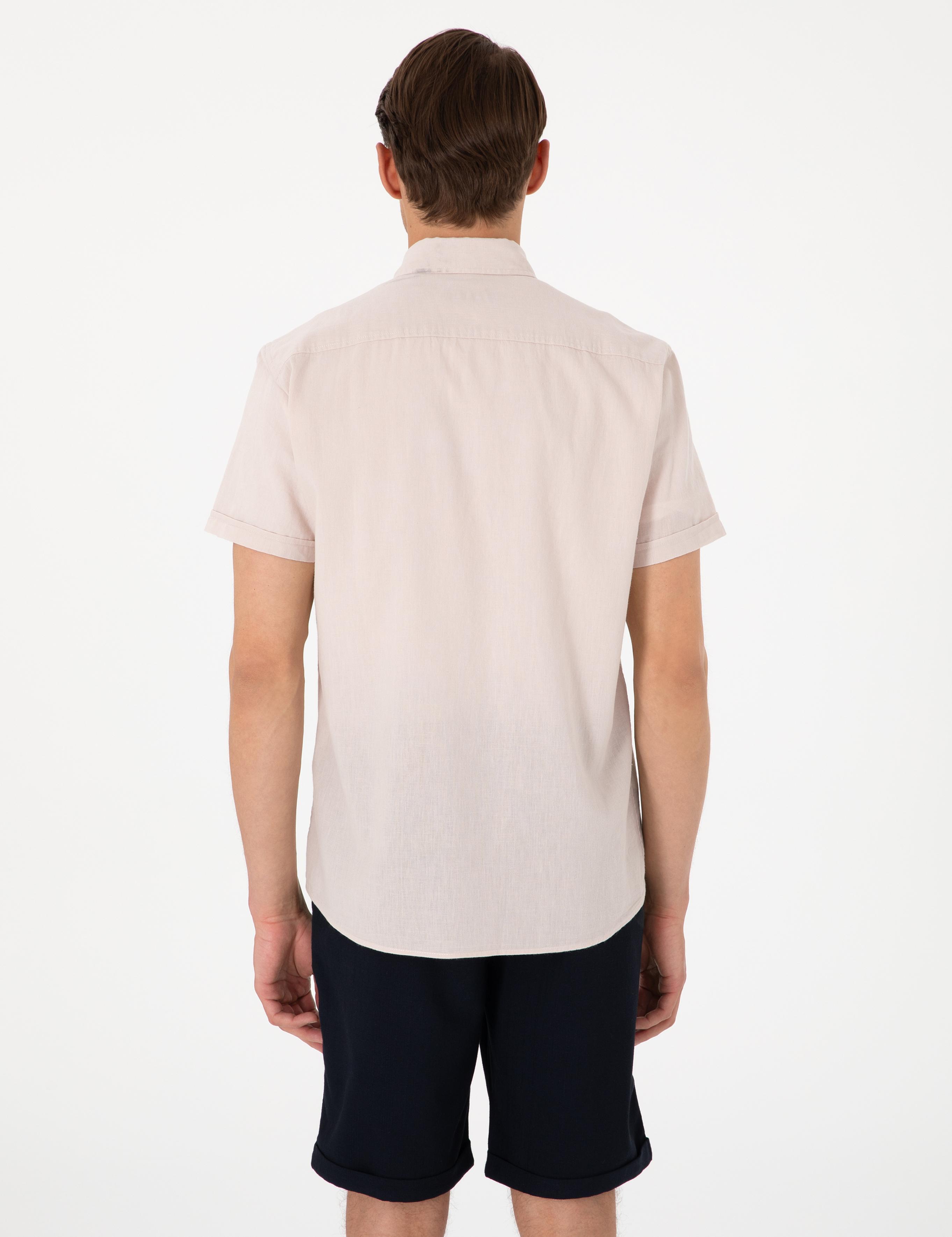 Bej Keten Karışımlı Regular Fit Kısa Kollu Gömlek