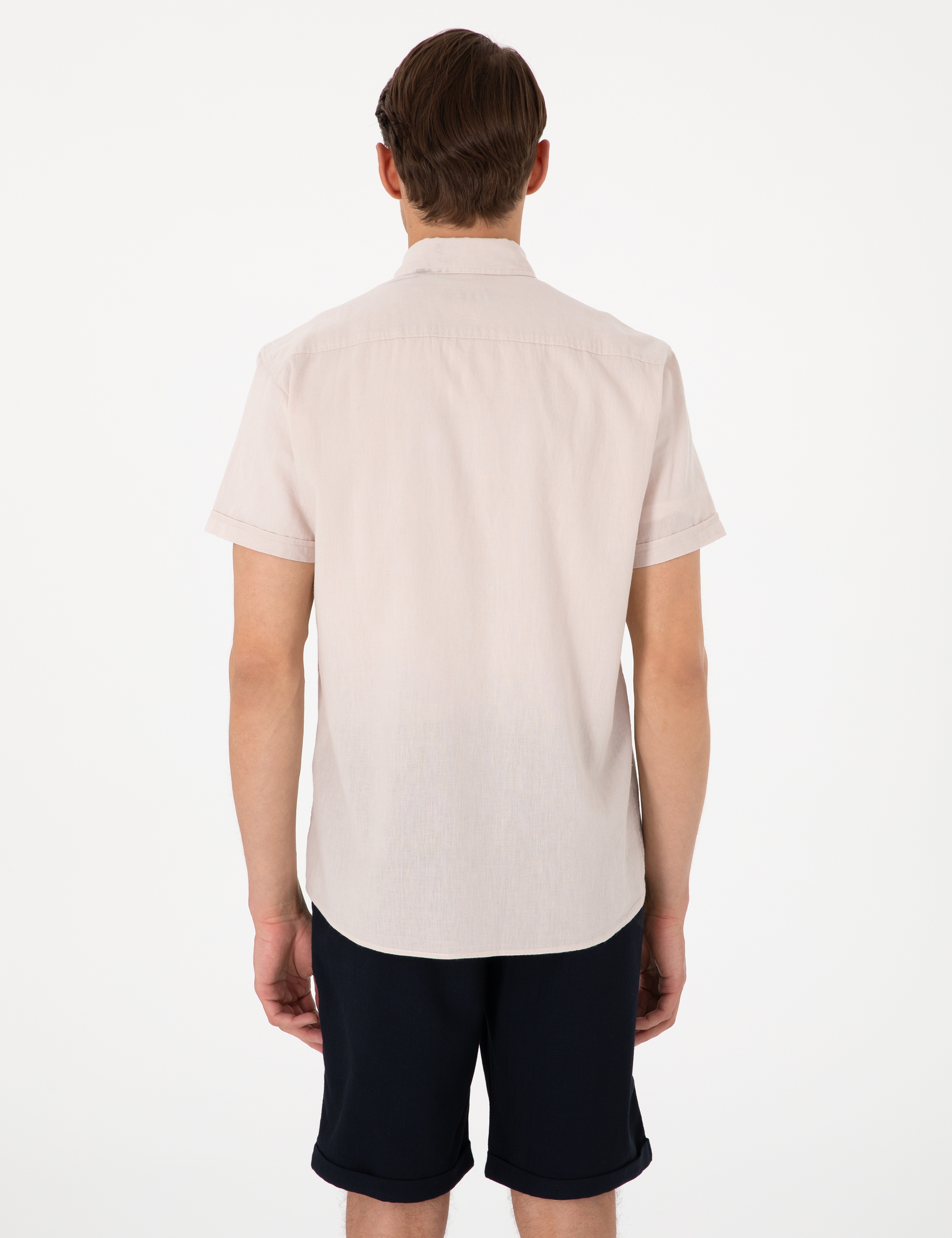 Bej Keten Karışımlı Regular Fit Kısa Kollu Gömlek - Image 5