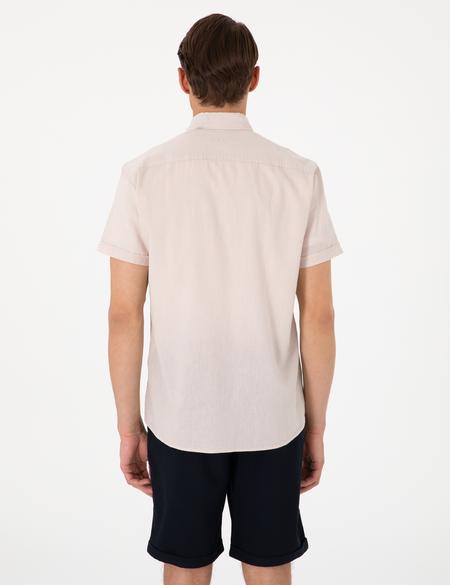 Bej Keten Karışımlı Regular Fit Kısa Kollu Gömlek - 50303418053