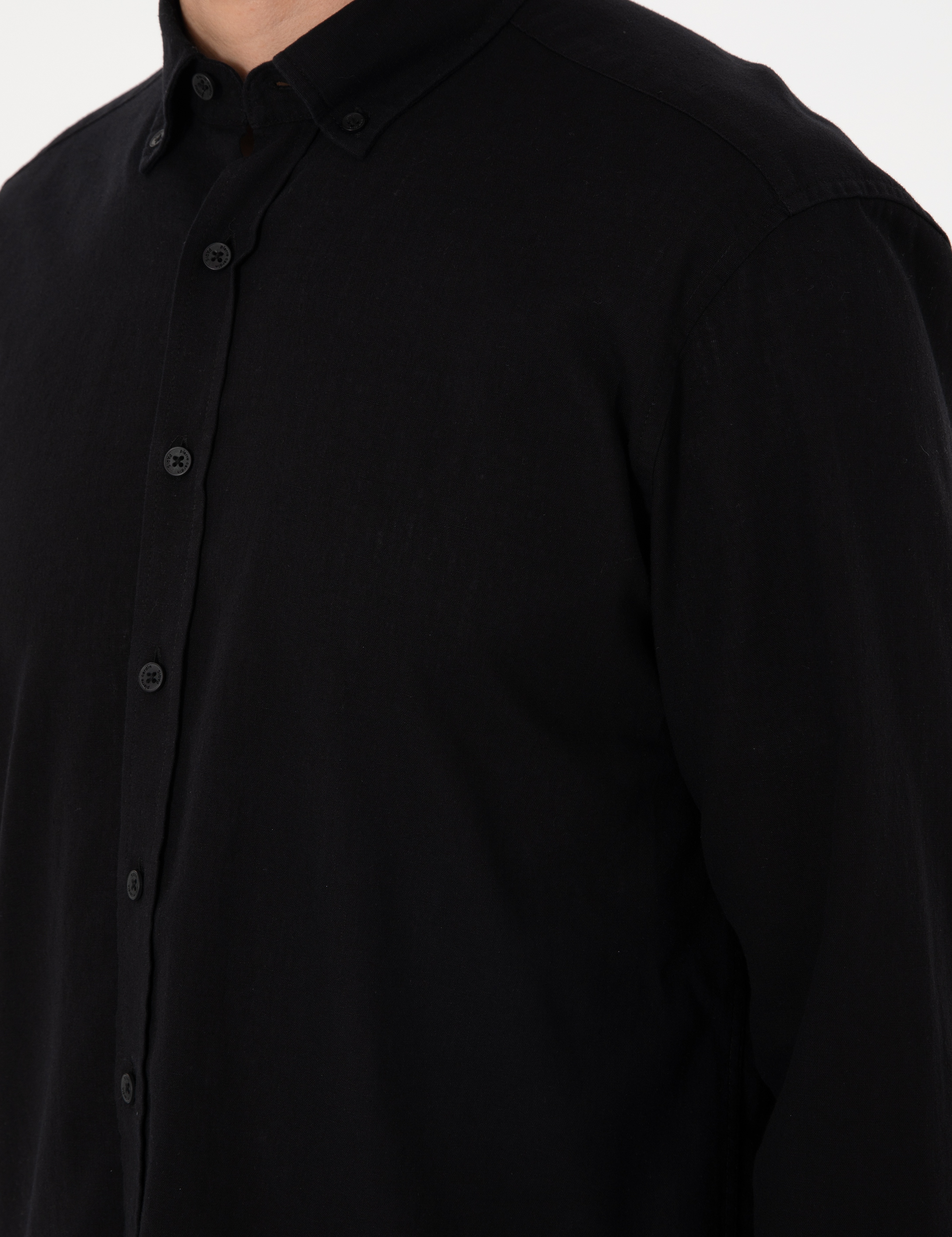 Siyah Keten Karışımlı Regular Fit Uzun Kollu Gömlek - Image 7