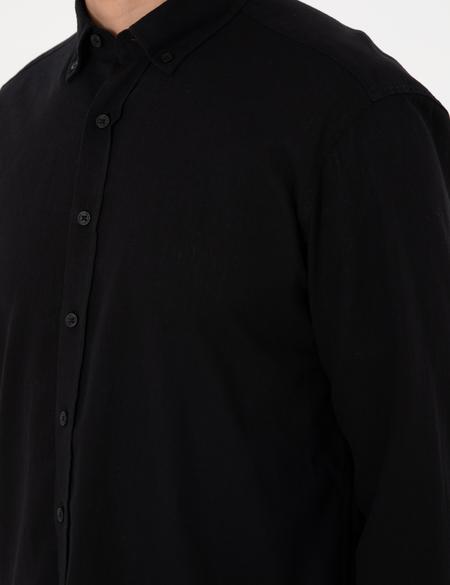 Siyah Keten Karışımlı Regular Fit Uzun Kollu Gömlek - 50303388023