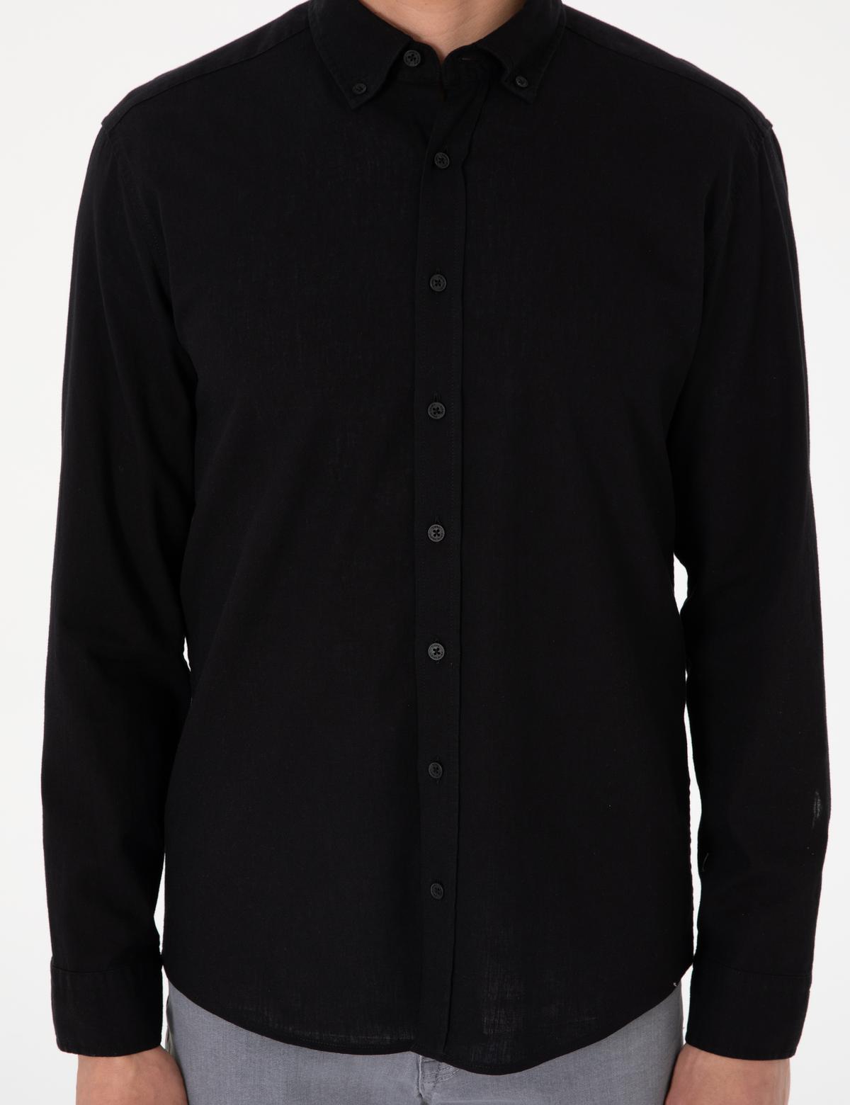 Siyah Keten Karışımlı Regular Fit Uzun Kollu Gömlek - 50303388023