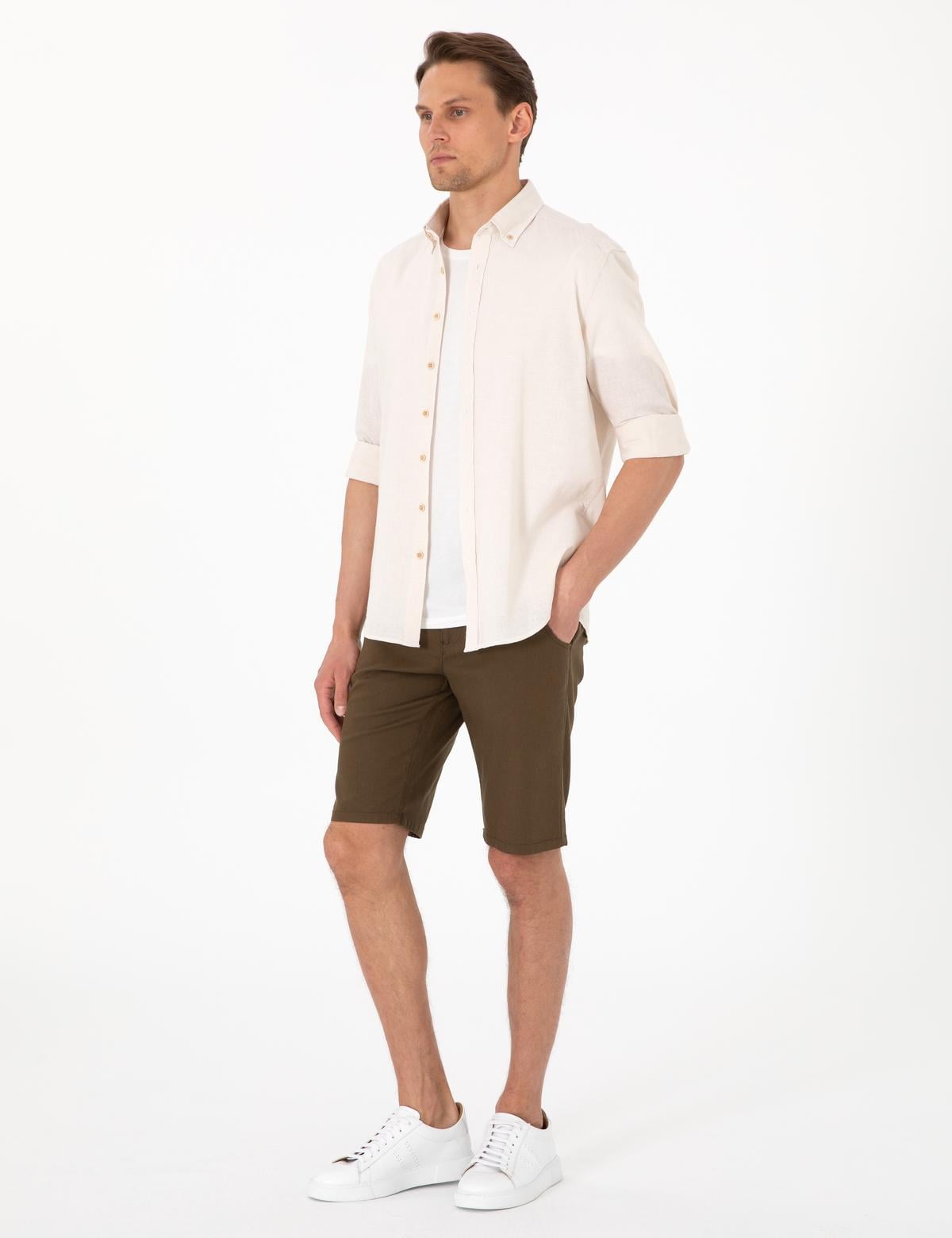 Bej Keten Karışımlı Regular Fit Uzun Kollu Gömlek - 50303245050