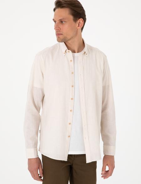 Bej Keten Karışımlı Regular Fit Uzun Kollu Gömlek - 50303245050