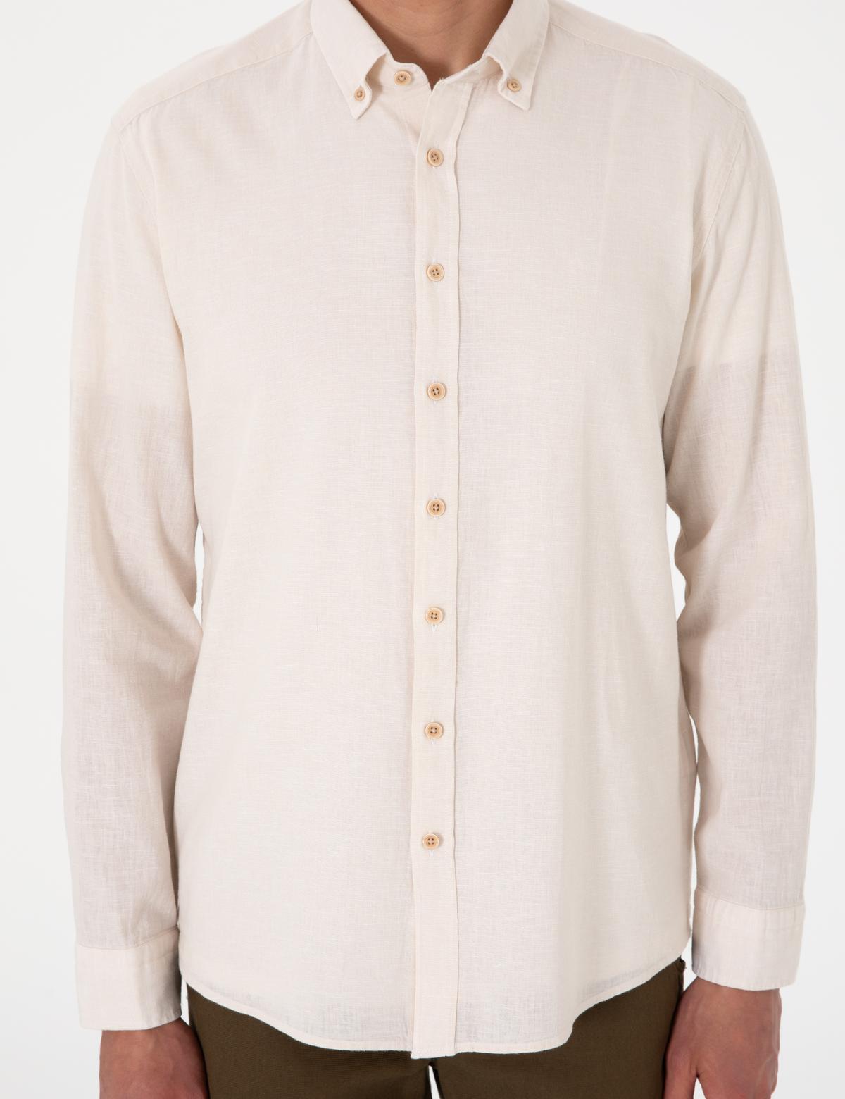 Bej Keten Karışımlı Regular Fit Uzun Kollu Gömlek - 50303245050