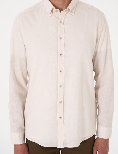 Bej Keten Karışımlı Regular Fit Uzun Kollu Gömlek - 50303245050