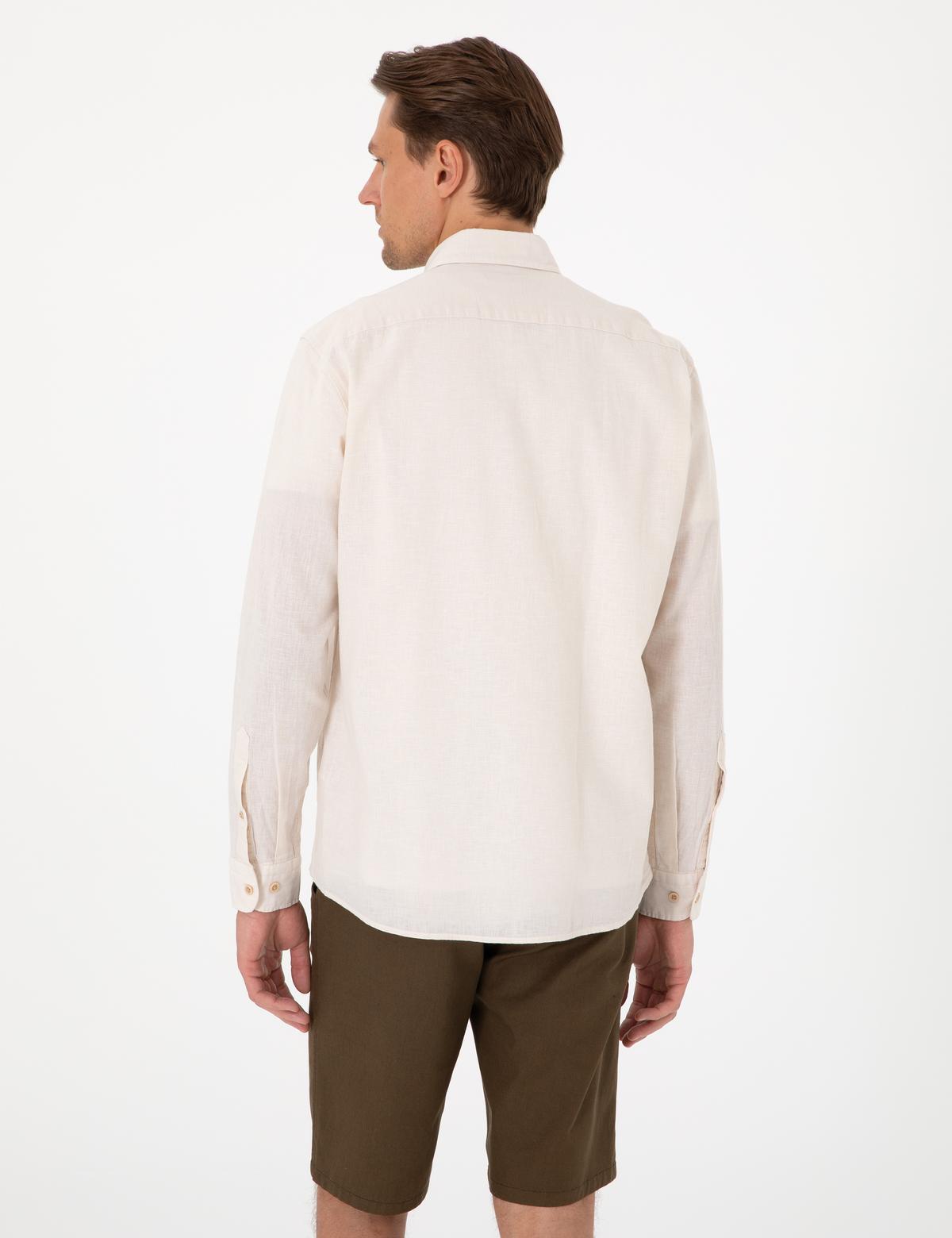 Bej Keten Karışımlı Regular Fit Uzun Kollu Gömlek - 50303245050