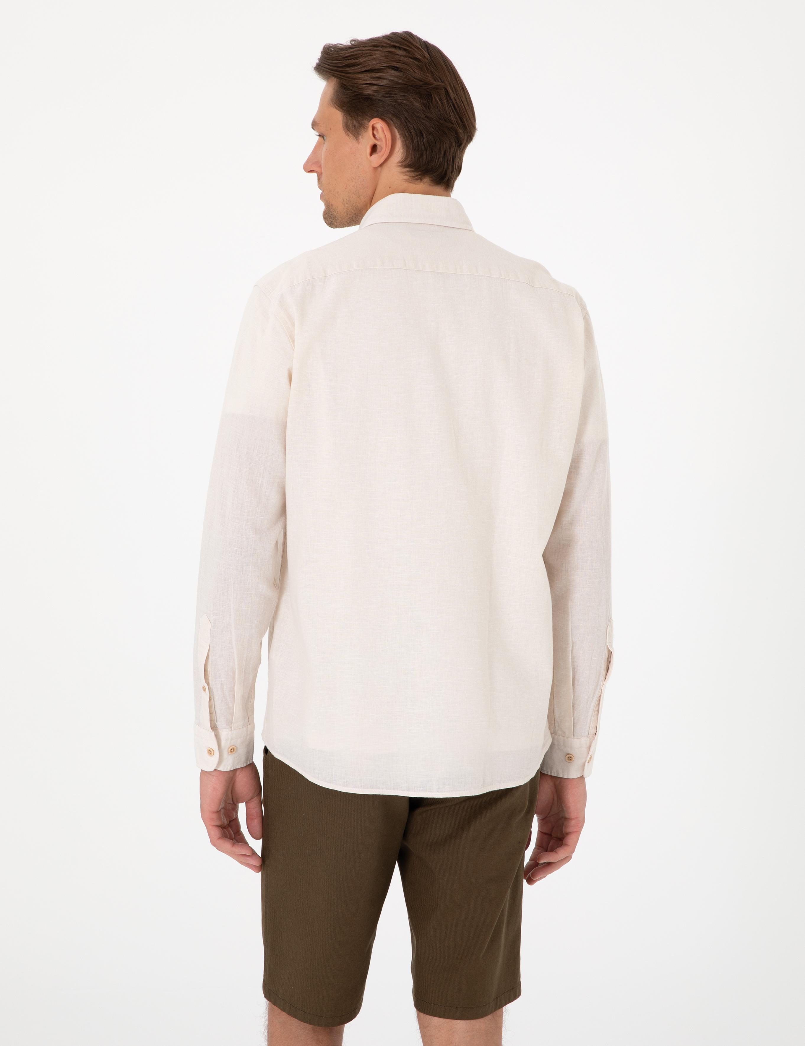 Bej Keten Karışımlı Regular Fit Uzun Kollu Gömlek