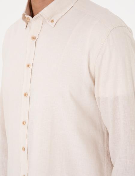 Bej Keten Karışımlı Regular Fit Uzun Kollu Gömlek - 50303245050