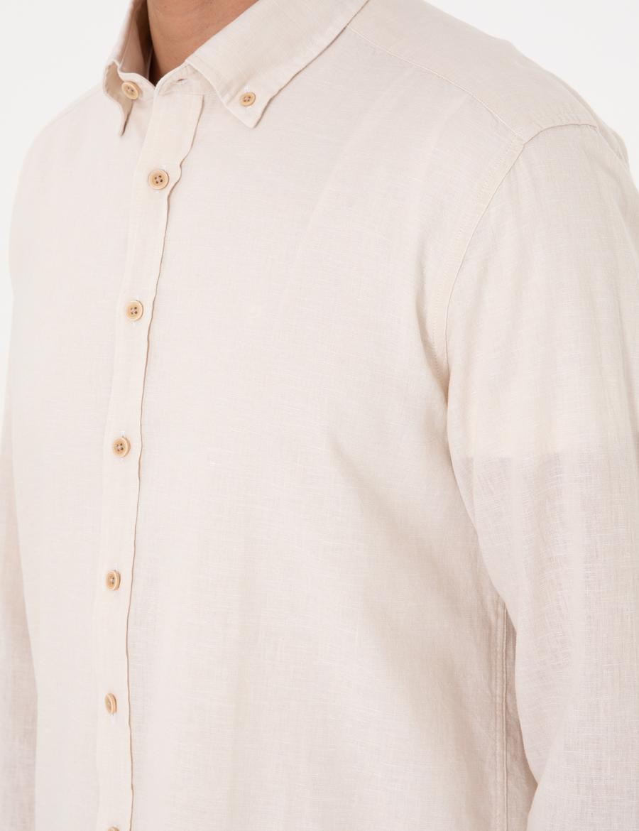 Bej Keten Karışımlı Regular Fit Uzun Kollu Gömlek