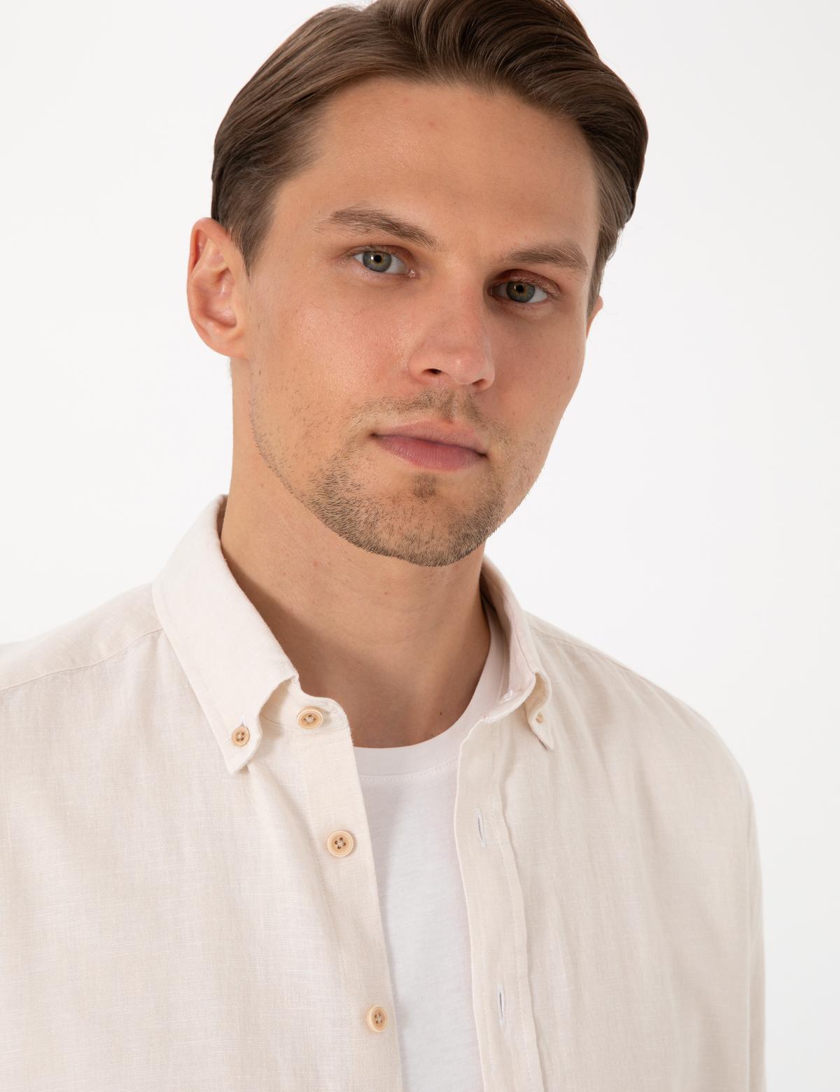 Bej Keten Karışımlı Regular Fit Uzun Kollu Gömlek - 50303245050