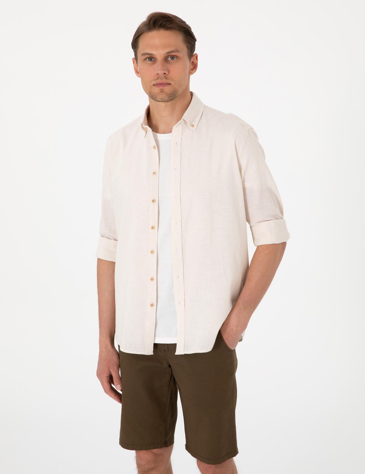 Bej Keten Karışımlı Regular Fit Uzun Kollu Gömlek