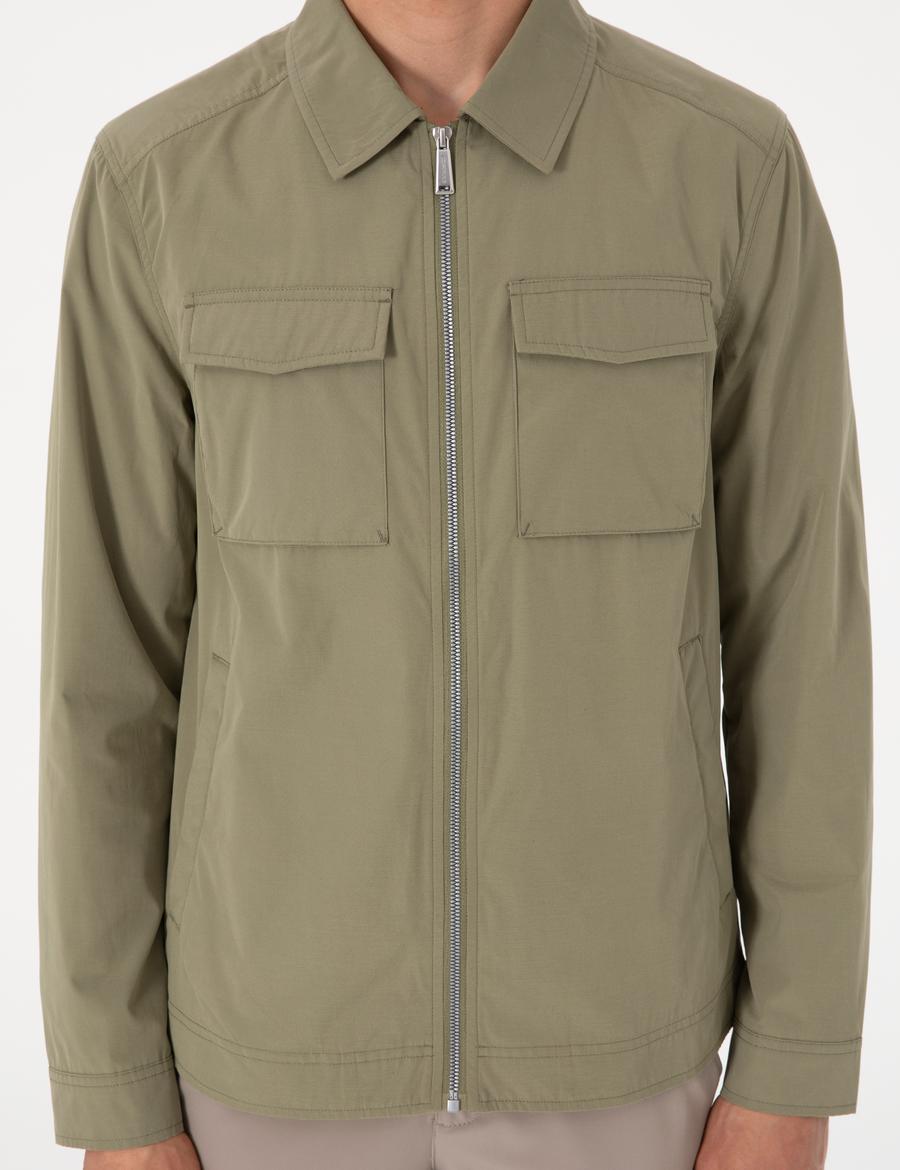 Haki Regular Fit Fermuarlı İnce Mont