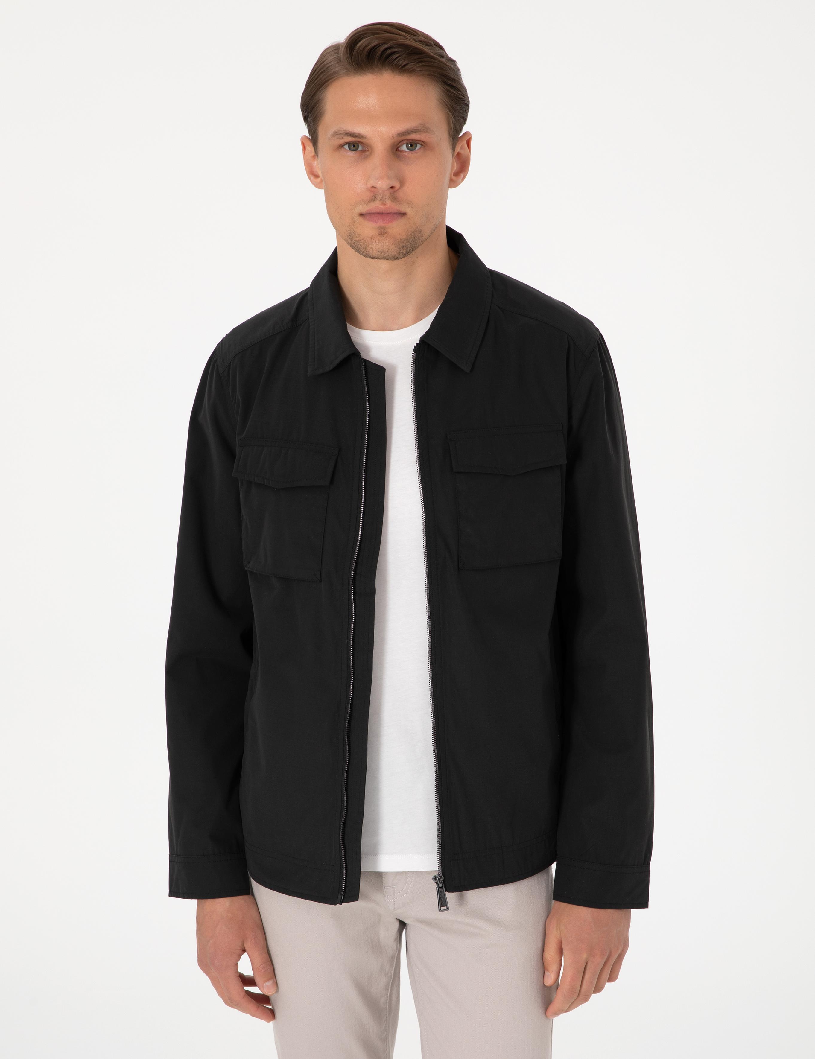 Siyah Regular Fit Fermuarlı İnce Mont