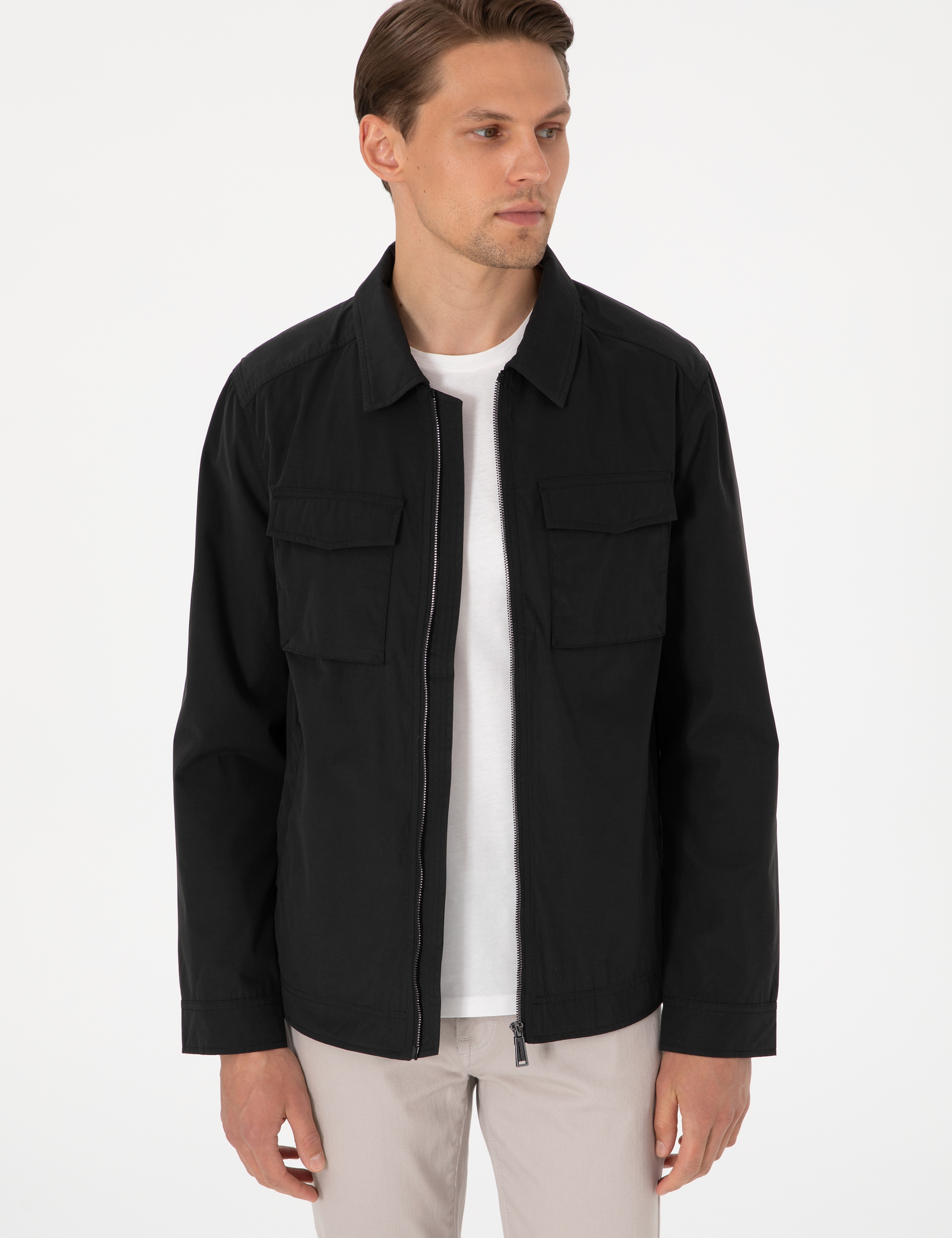 Siyah Regular Fit Fermuarlı İnce Mont - Image 3
