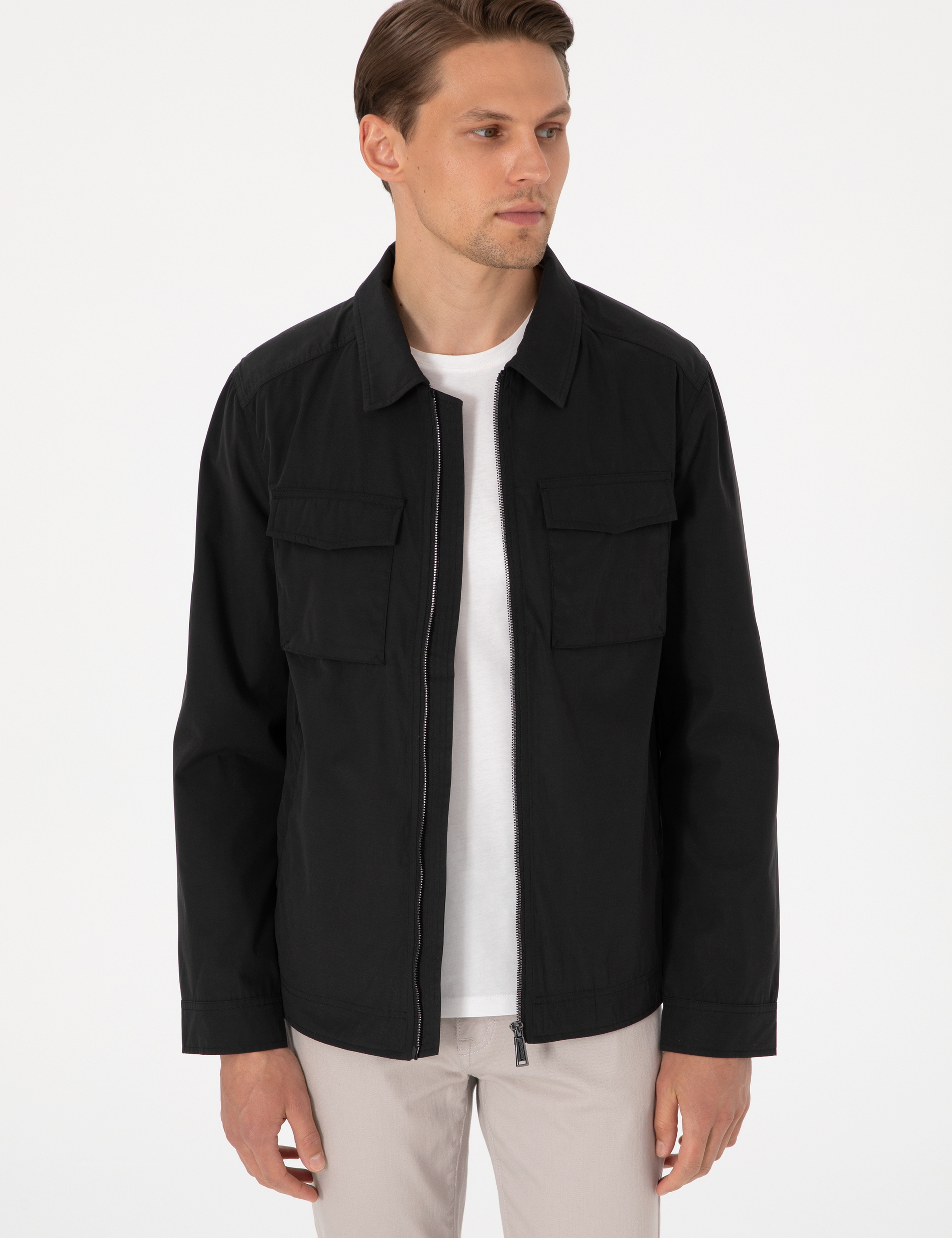 Siyah Regular Fit Fermuarlı İnce Mont