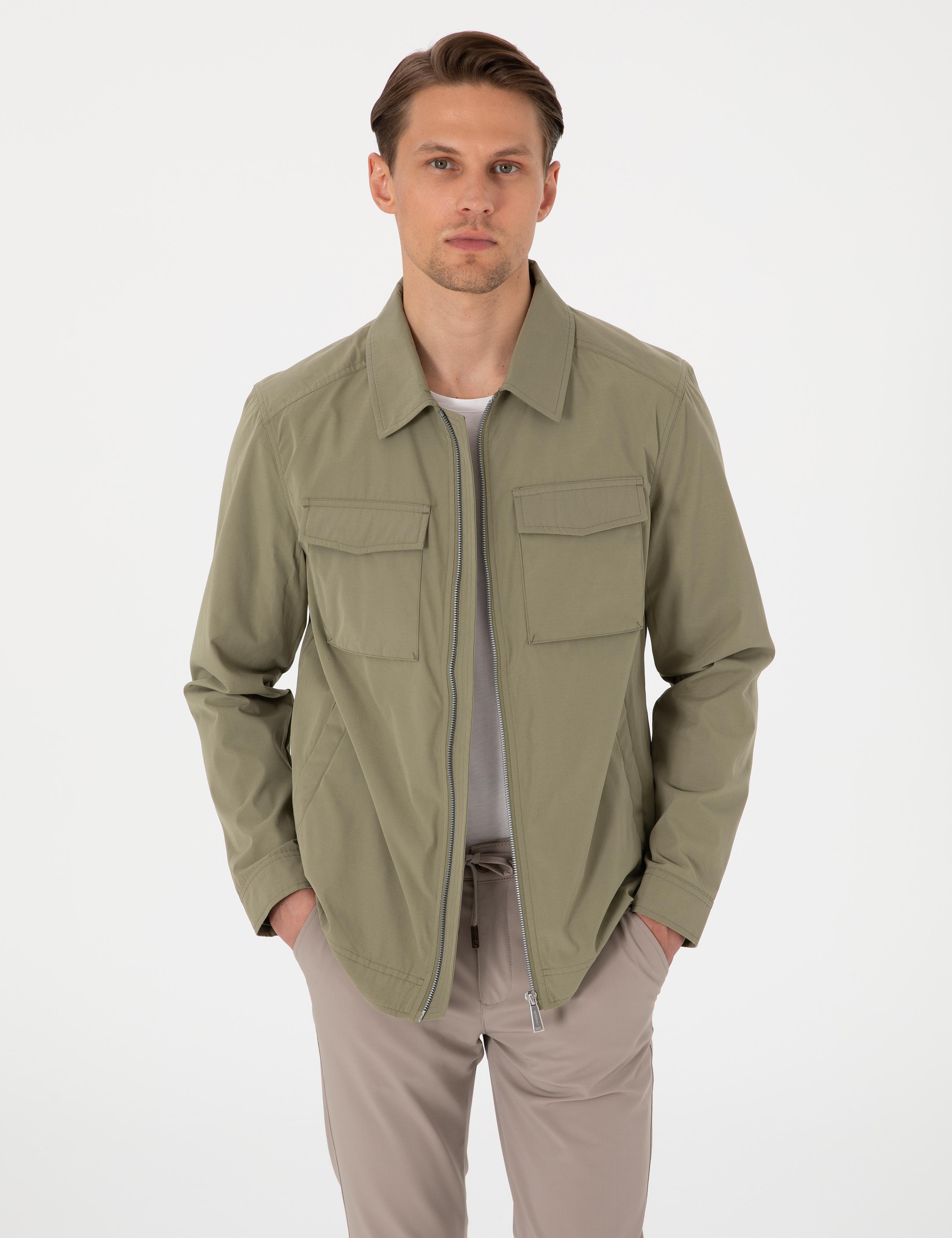 Haki Regular Fit Fermuarlı İnce Mont