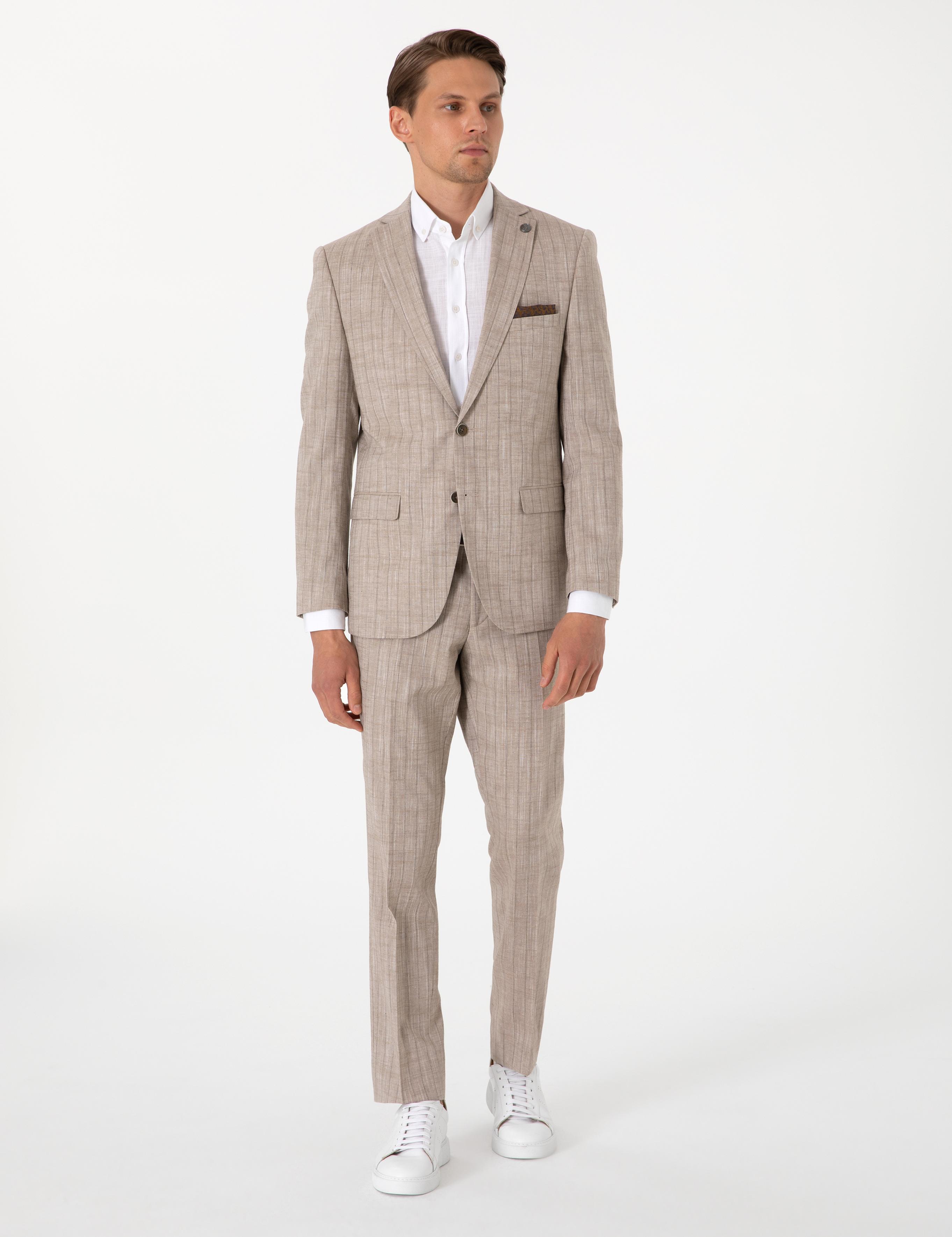 Açık Kahverengi Slim Fit Yün Keten Karışımlı Çizgili Takım Elbise