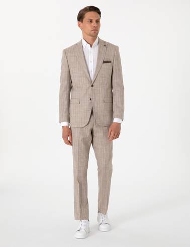 Açık Kahverengi Slim Fit Yün Keten Karışımlı Çizgili Takım Elbise