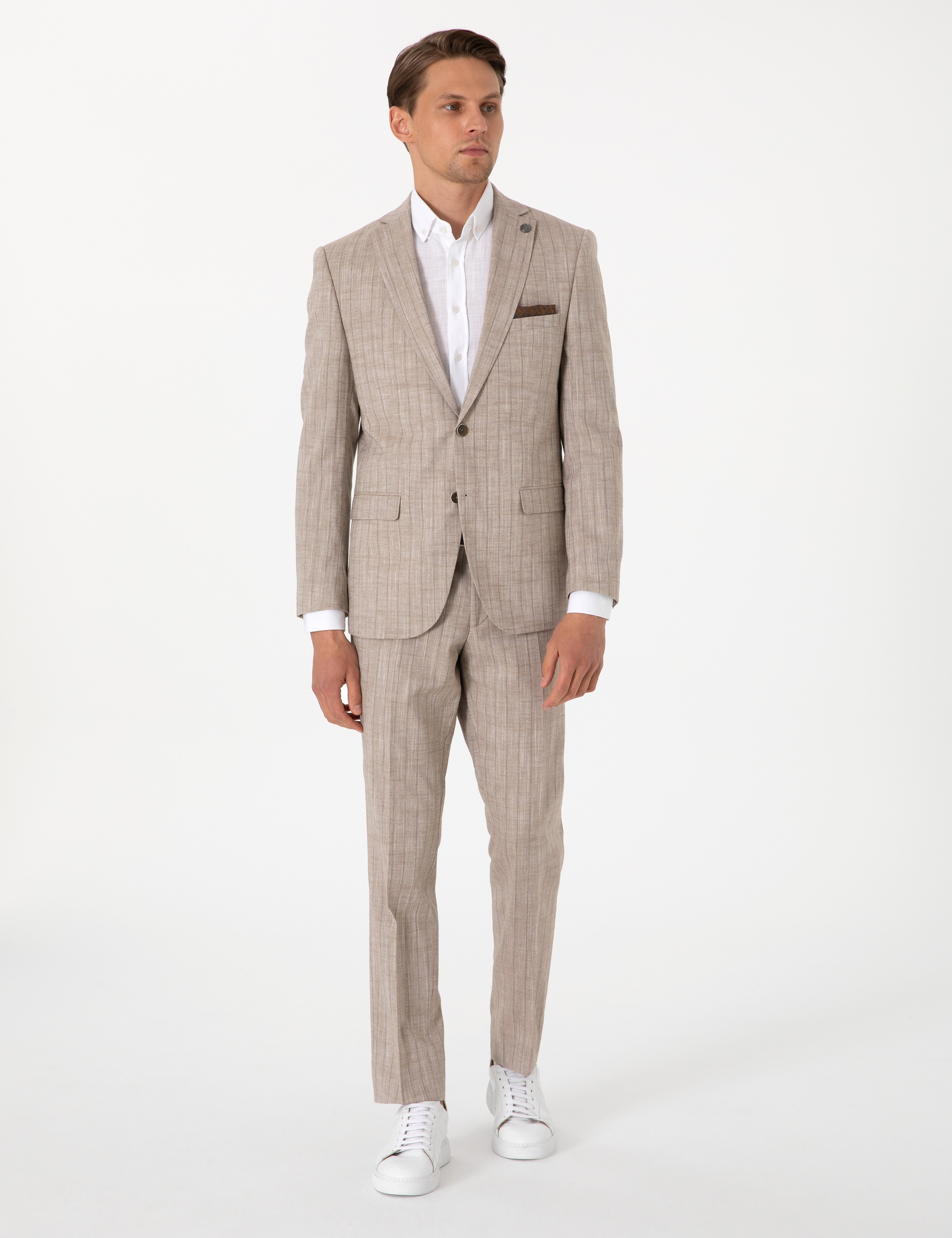 Açık Kahverengi Slim Fit Yün Keten Karışımlı Çizgili Takım Elbise