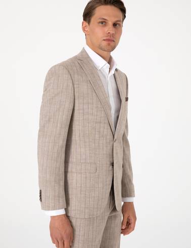 Açık Kahverengi Slim Fit Yün Keten Karışımlı Çizgili Takım Elbise