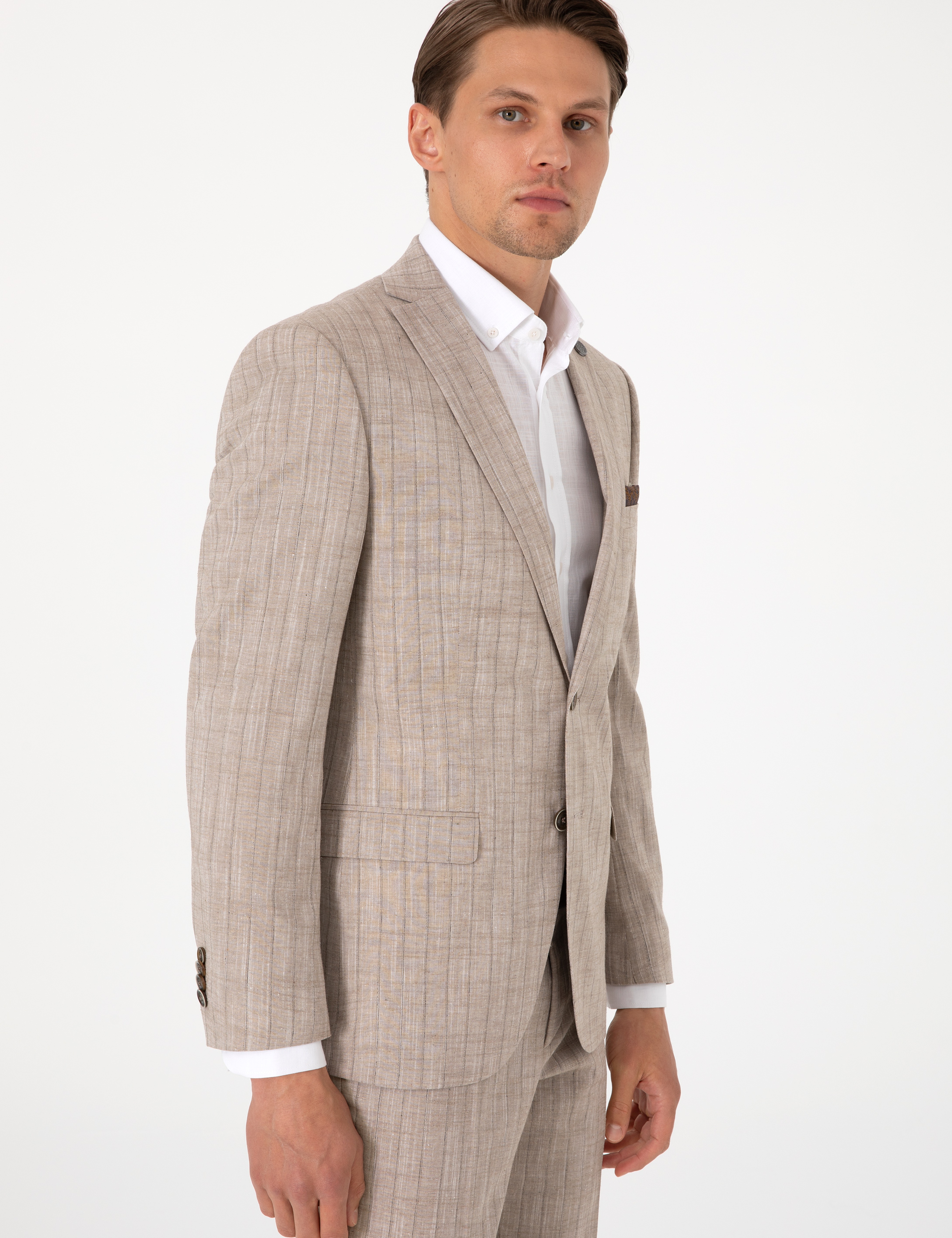 Açık Kahverengi Slim Fit Yün Keten Karışımlı Çizgili Takım Elbise - Image 3