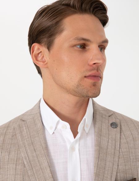 Açık Kahverengi Slim Fit Yün Keten Karışımlı Çizgili Takım Elbise - 50302403008