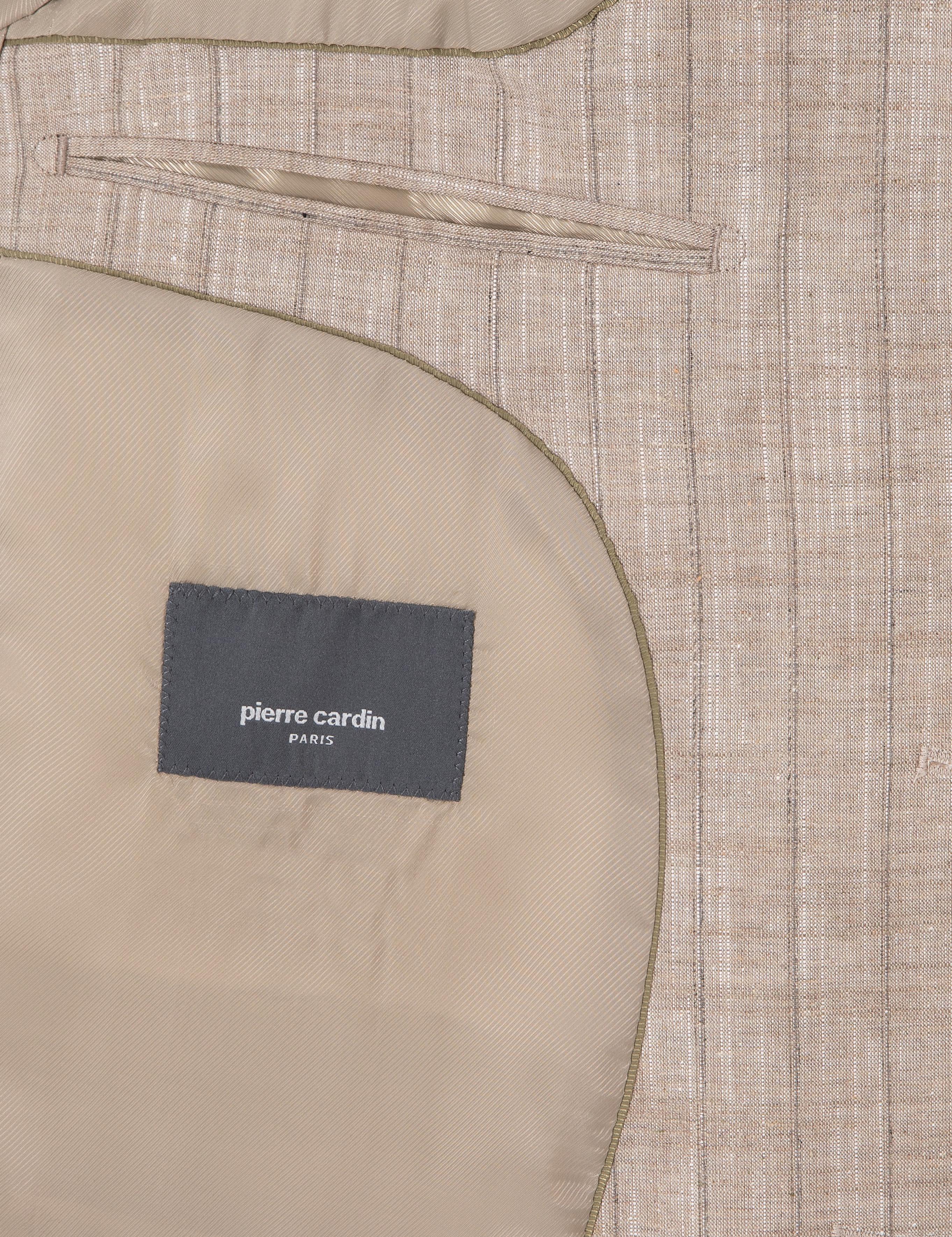 Açık Kahverengi Slim Fit Yün Keten Karışımlı Çizgili Takım Elbise