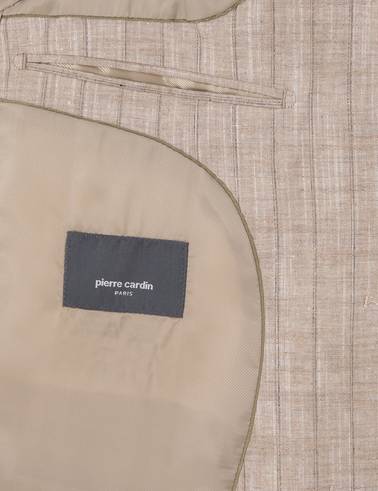 Açık Kahverengi Slim Fit Yün Keten Karışımlı Çizgili Takım Elbise