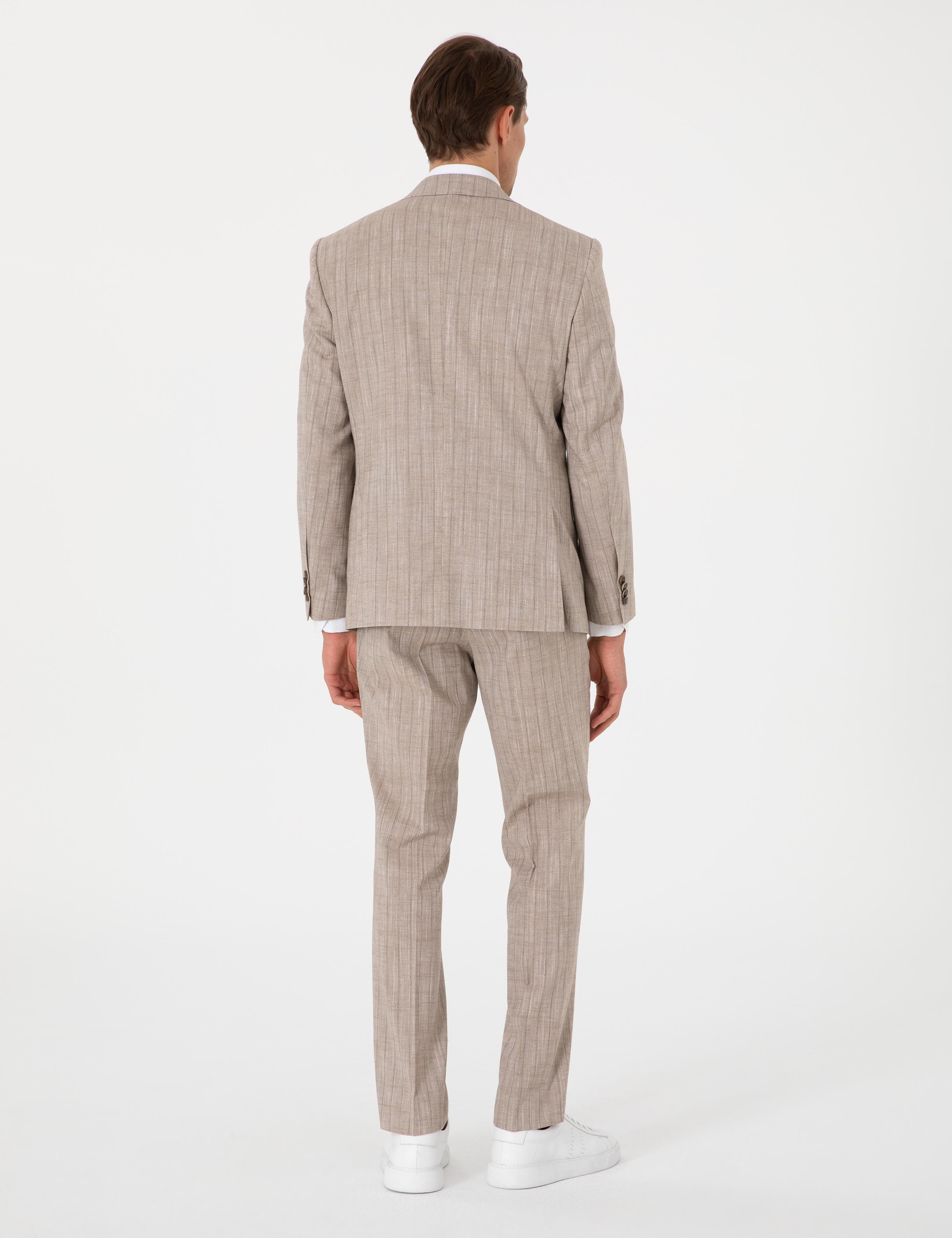 Açık Kahverengi Slim Fit Yün Keten Karışımlı Çizgili Takım Elbise