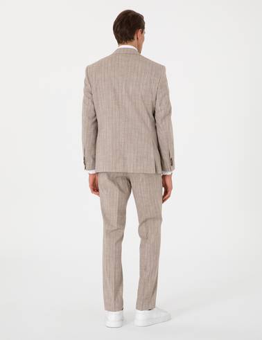 Açık Kahverengi Slim Fit Yün Keten Karışımlı Çizgili Takım Elbise